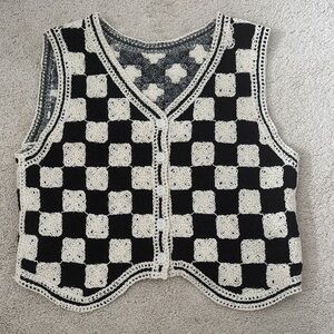 Black and White Crochet Checkered Vest